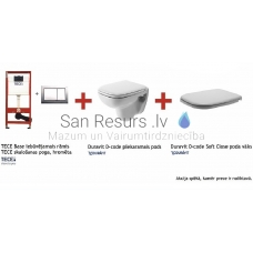 Komplekts TECE Base 4 in 1 iebūvējamais rāmis ar hromētu pogu, Duravit D-code piekaramais pods, Duravit Soft-Close vāks